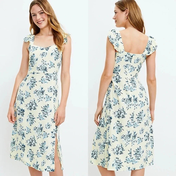 New Loft Floral Ruffle Strap Midi Dress Size 16 Petite Ditzy Flowy Sundress - Picture 1 of 14
